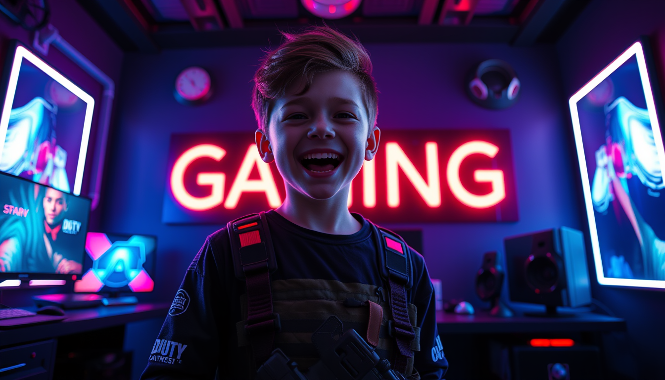 Main art studio: Epic gaming thumbnail, use the exact boy from the provided photo, extremely happy and excited, wearing a stylish Call of Duty tactical outfit, standin