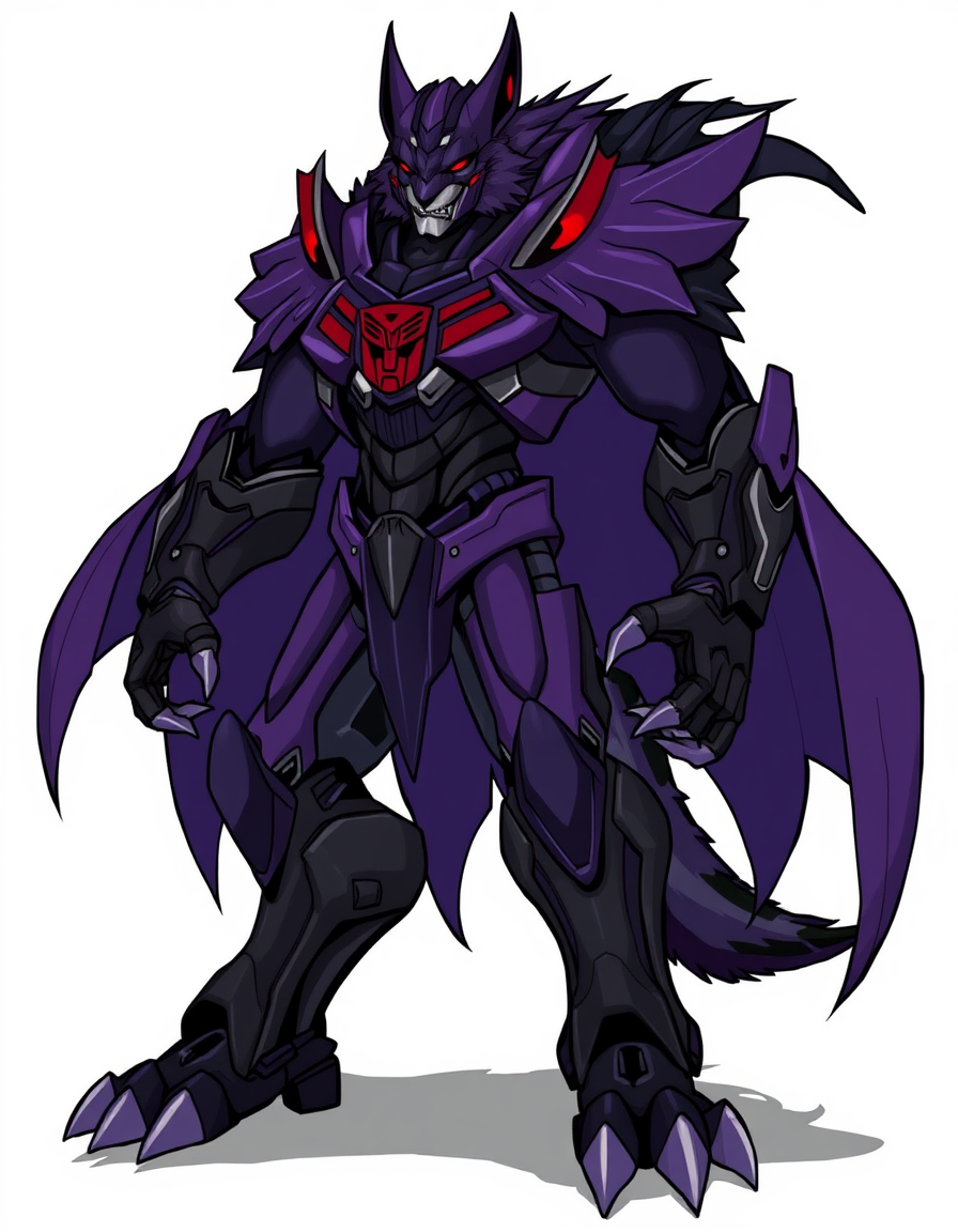 Main art studio: Anthropomorphic furry version of Tarn from Transformers: a tall, imposing wolf-like or reptilian character with sleek dark purple and black armor plat