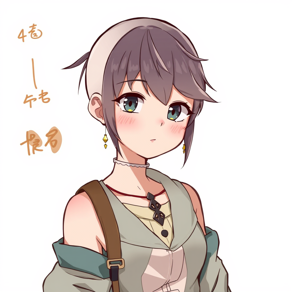 Characters idea: original character design, detailed outfit and accessories, expressive personality, anime girl, bald hair, messy bangs, side-swept fringe, detailed ,
