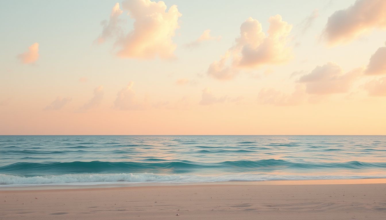 Main art studio: A dreamy summer ocean scene at golden hour, calm blue sea stretching to the horizon, soft pastel sky with fluffy clouds, warm sunlight reflecting gent
