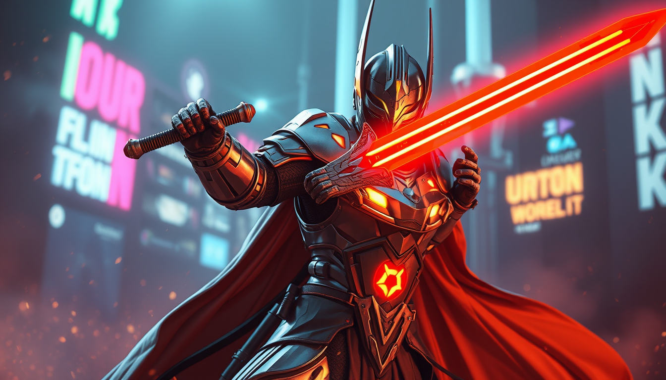AI Art prompt example created from the prompt: sword wielding cyberpunk knight light armor