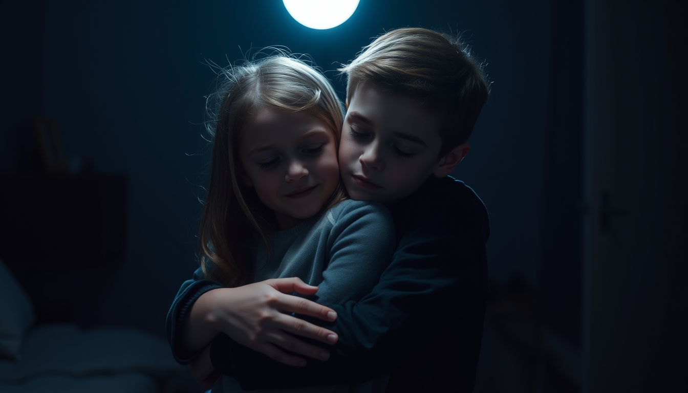 AI Art prompt example created from the prompt: a teenage boy hugging an 11 year old girl in a dark room eyes closed lights off