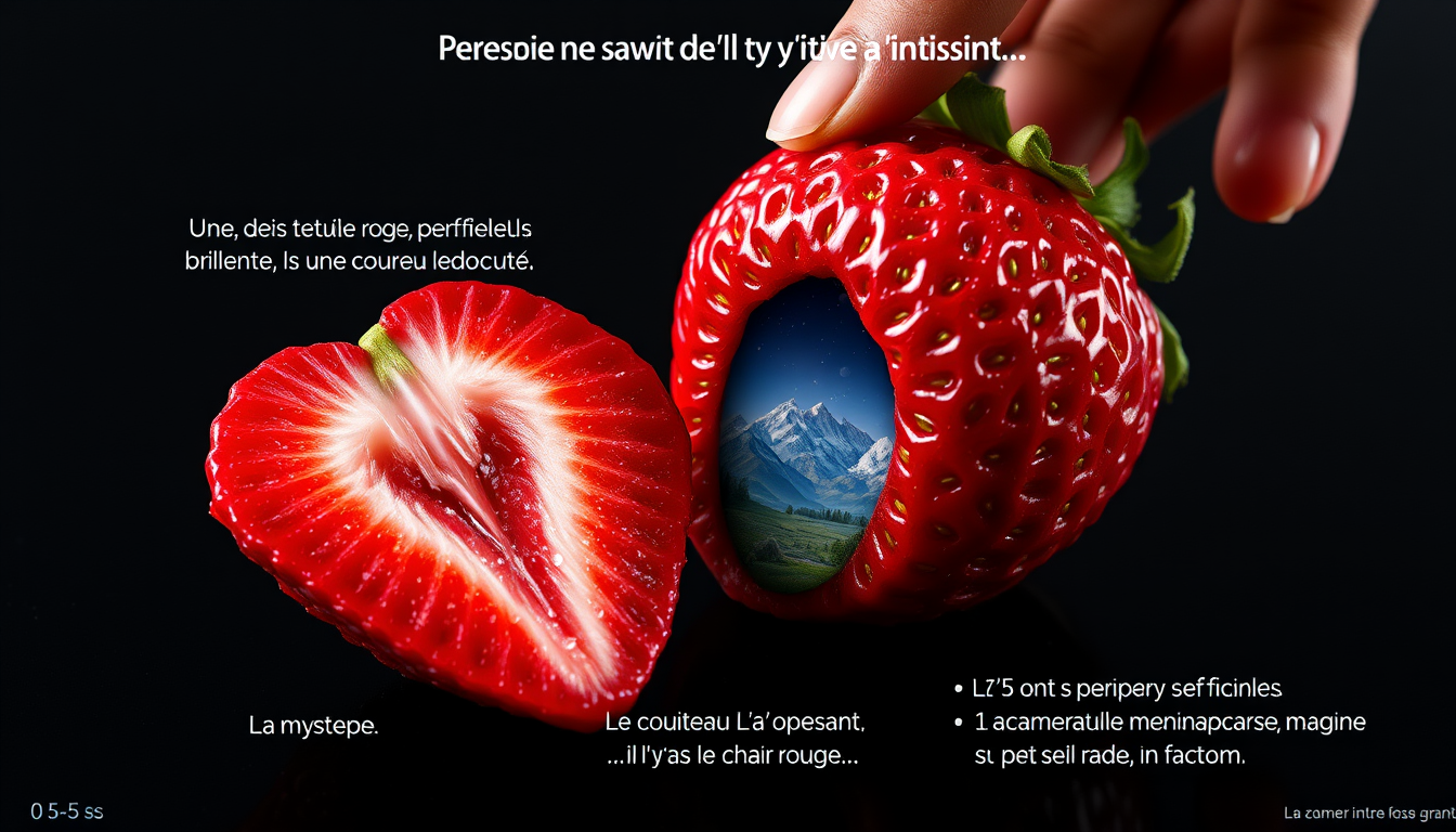 Main art studio: 0–5 s — Le mystère Une énorme fraise rouge, parfaitement brillante, est posée sur une table noire. Une main s’approche lentement. Texte : « Personne n