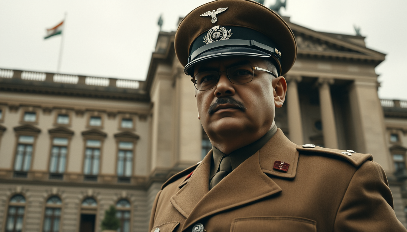 Main art studio: Ultra photorealistic cinematic 4K historical reconstruction of Netaji Subhas Chandra Bose in 1940s Germany, wearing a period-appropriate formal milita