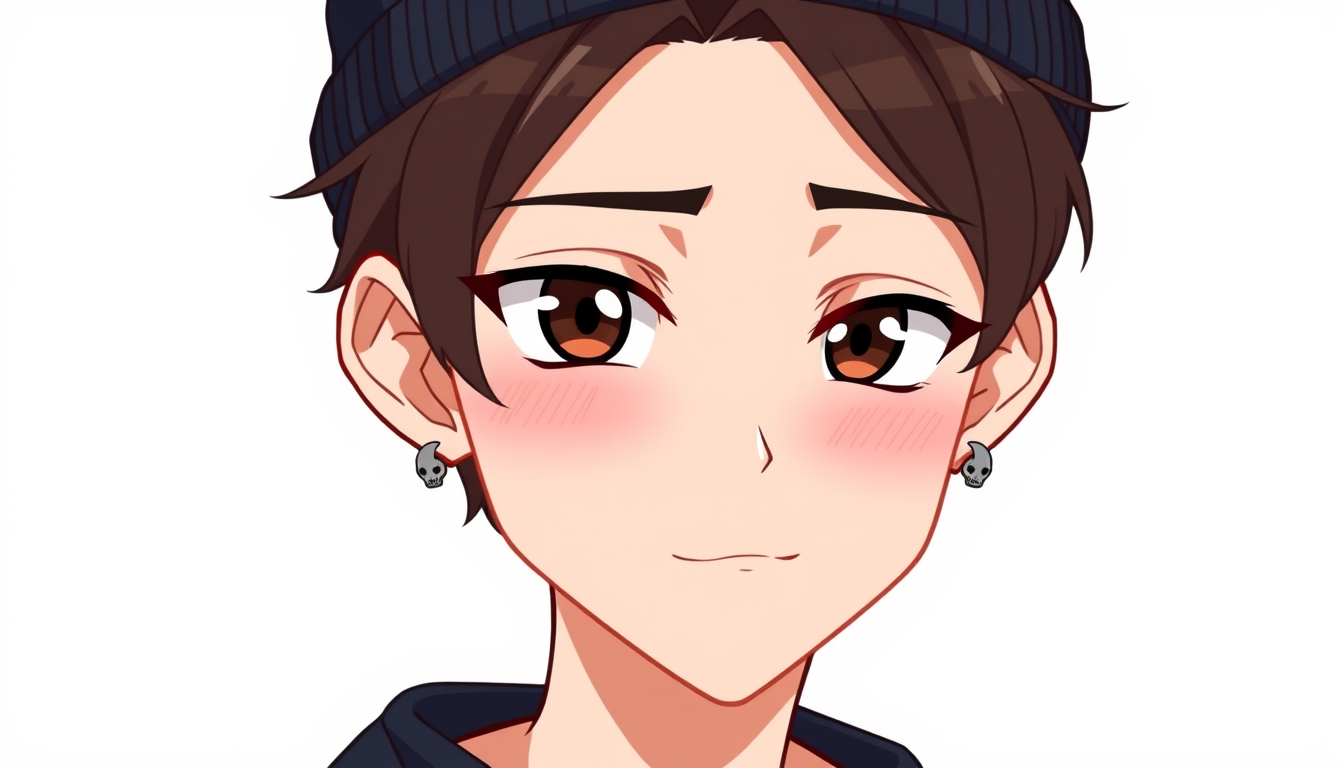 VTuber idea: vtuber avatar character, anime style, expressive face, streaming-ready design, male character, slightly feminine. dark brown hair, black shirt with a