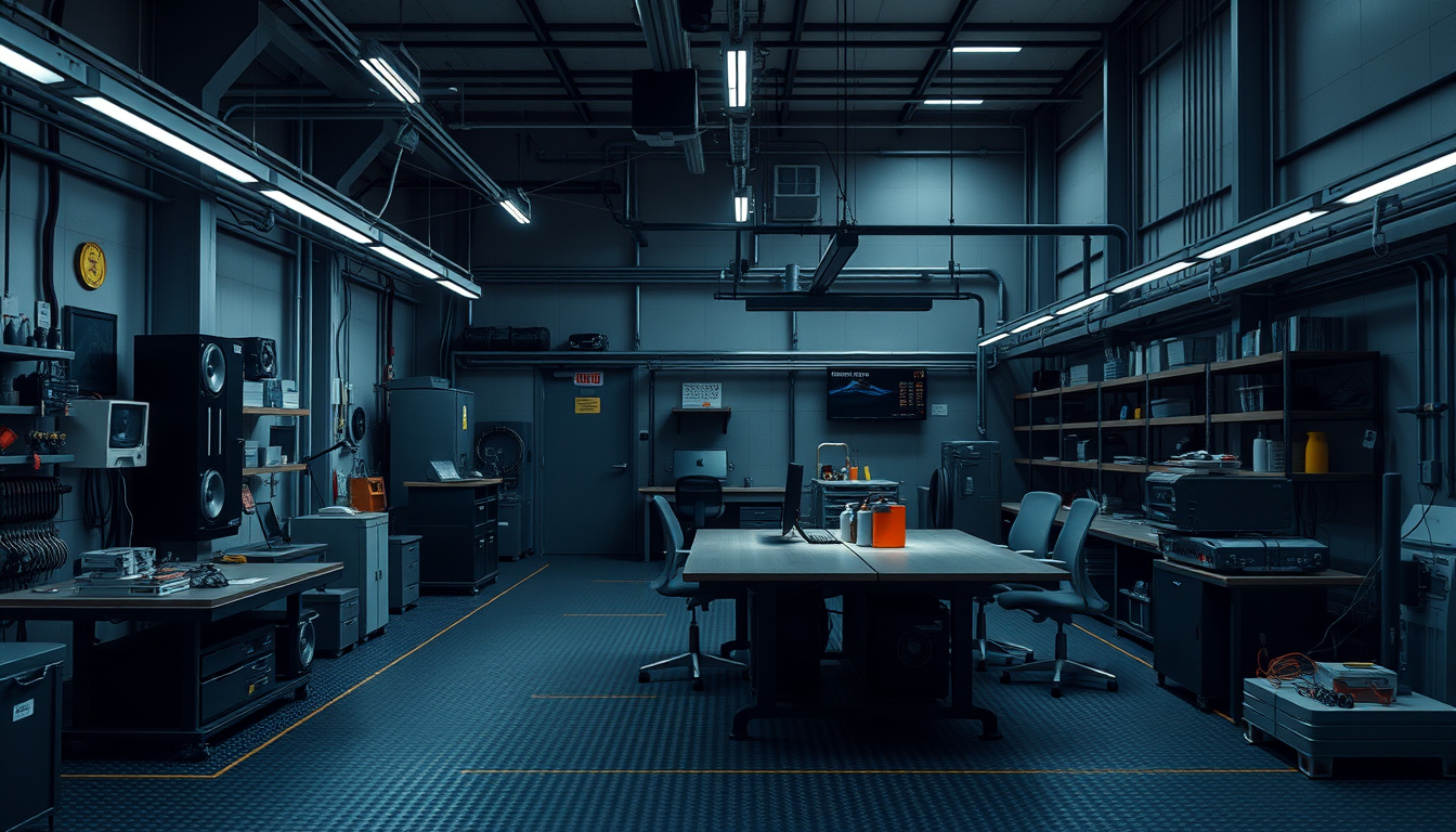 Main art studio: Generate a Manufactoring Place oder Hall. Calm vibe. Technical and Modern. Dont use dark colors or Black. Dont Show People.