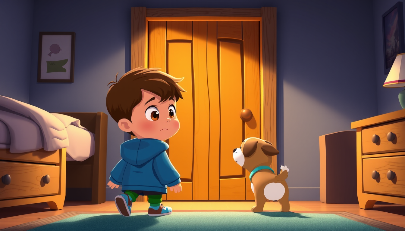 Main art studio: The same cute cartoon boy in a blue hoodie slowly walking toward the mysterious wooden door in his bedroom. His small brown dog is standing behind him