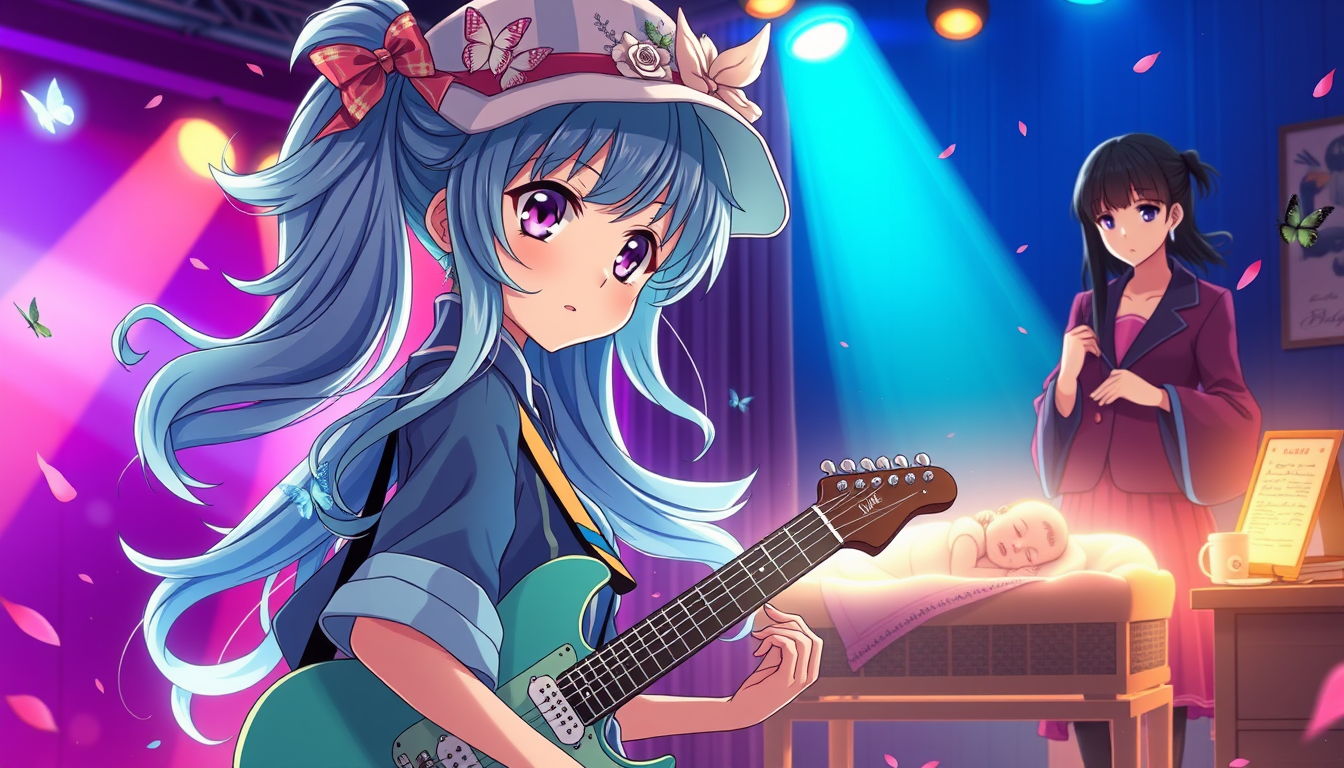 Main art studio: Create a dramatic Japanese anime episode thumbnail in 16:9 widescreen format. Episode 13 theme: “Awakening to the Band! A Mother's Secret Revealed by 
