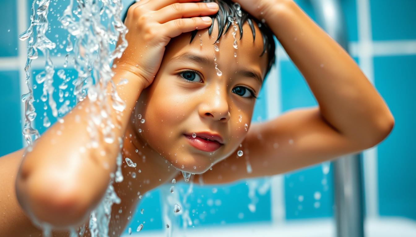 Main art studio: Twelve years old boy Taking a shower