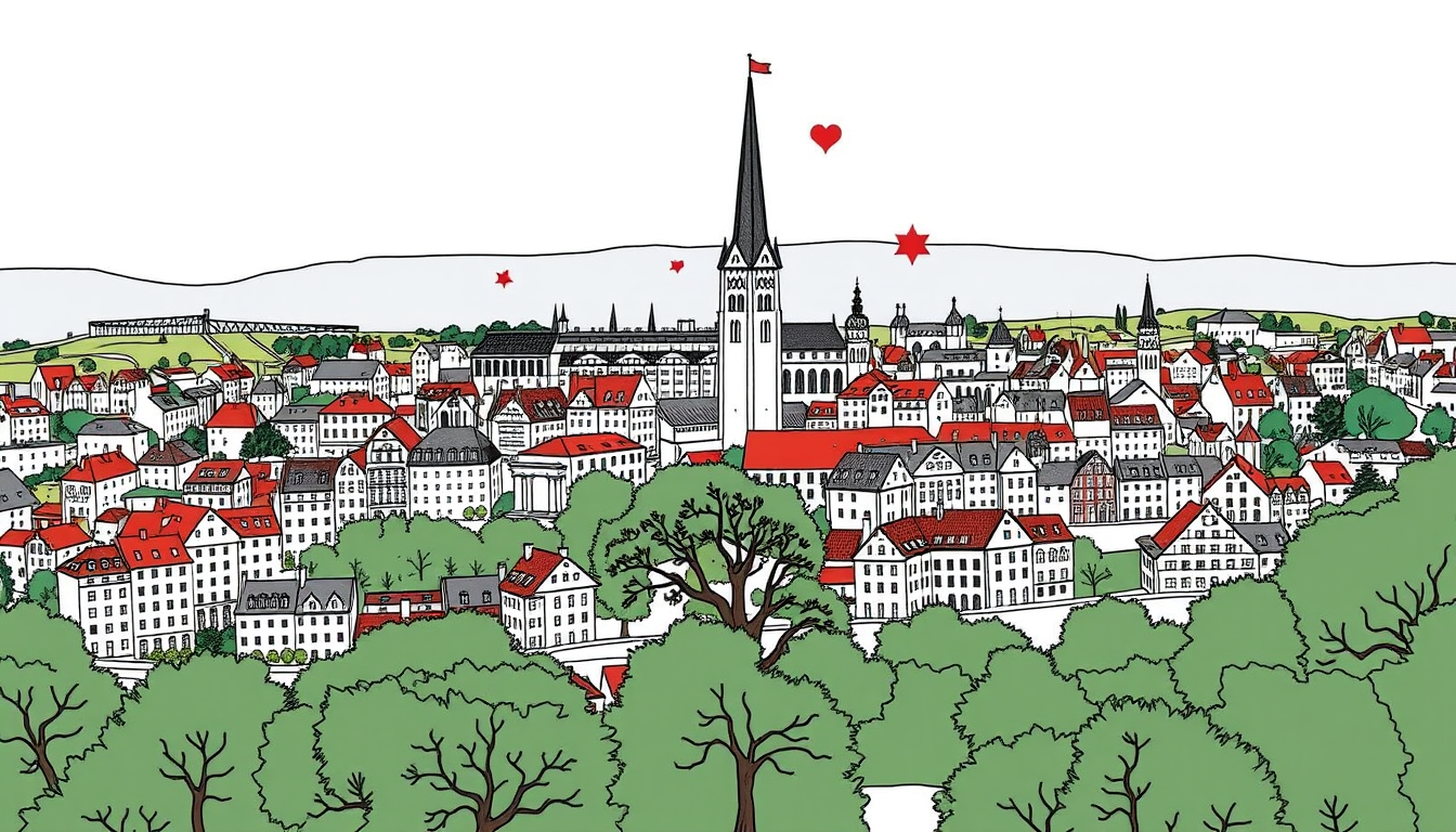 Main art studio: Skizze, die die Stadt Herne in Westfalen illustriert mit signifikanten Wahrzeichen
