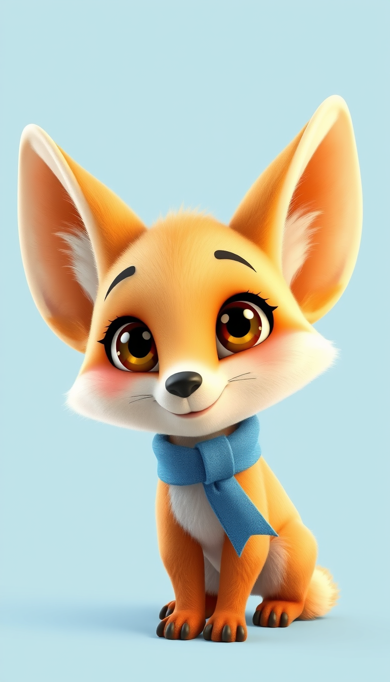 AI Art prompt example created from the prompt: Cute professional 3D baby fennec fox mascot for a preschool English learning channel. Huge pointed ears, glossy brown eyes, soft orange and