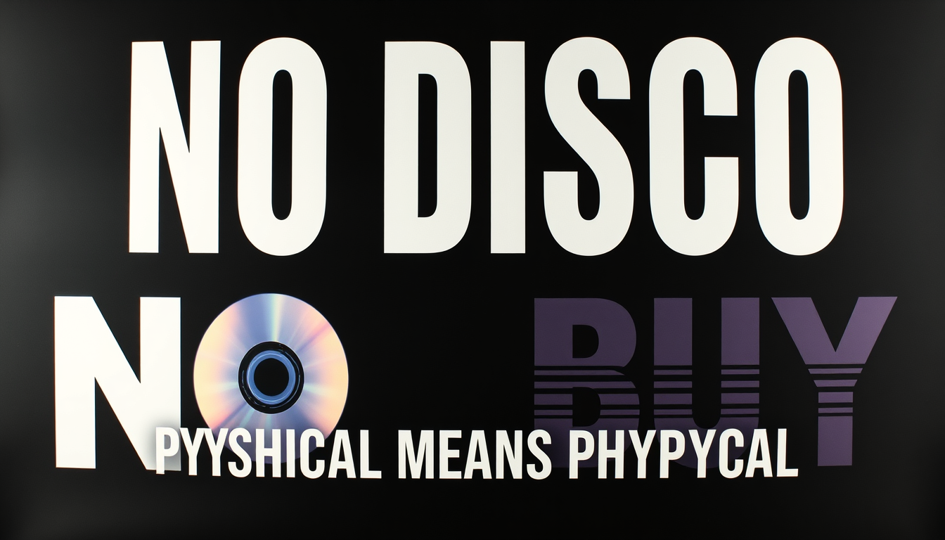 Main art studio: Premium retro gaming room poster, black background, bold 1990s arcade-style typography, huge white text “NO DISC NO BUY”, smaller text underneath “PHY
