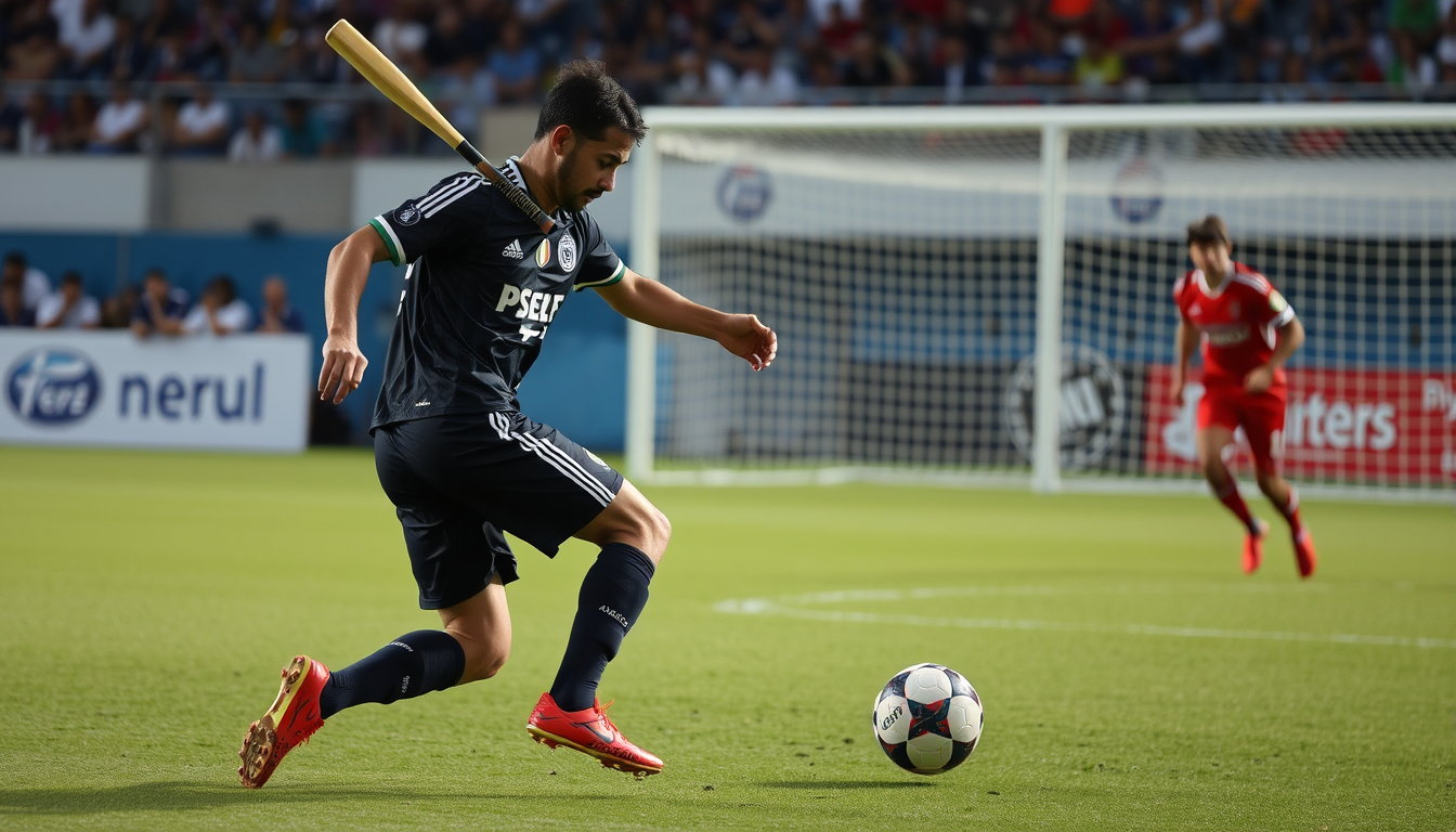 Main art studio: crie uma imagem de um jogador de futebol batendo o penalti no jogo de futebol com a imagem de frente