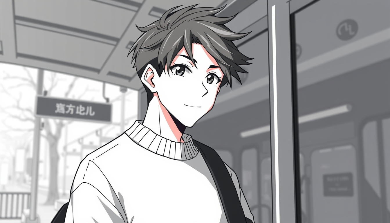 VTuber idea: vtuber avatar character, anime style, expressive face, streaming-ready design, An adult male is at the bus stop, wearing a sweater with Wind-swept hai