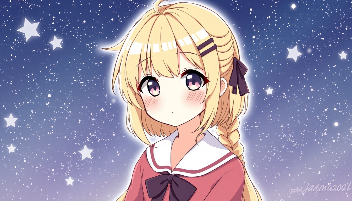 Main art studio: It's an illustration of a cute girl, the background is the starry sky, the girl's hairstyle is half-up, blonde, and the clothes are the clothes of the