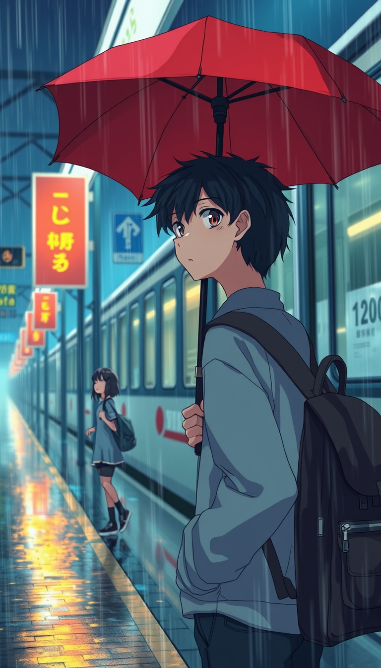 Anime idea: anime style, vibrant colors, expressive eyes, Cinematic Japanese anime. A 20-year-old boy with messy black hair steps off a train at the same rainy st