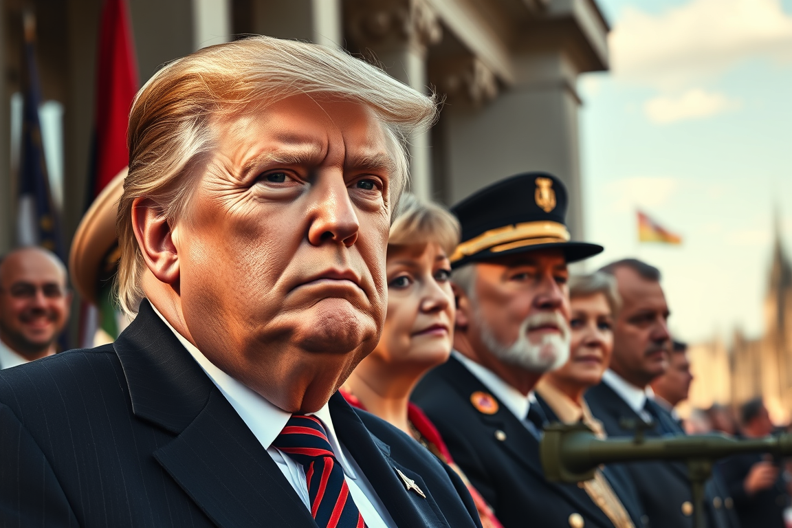 Main art studio: erstelle mir ein bild von trump mit panzer angela merkel friderich merz münchen leevi schlemmmer dem schauspieler und corina kierner mit vielen farbe 