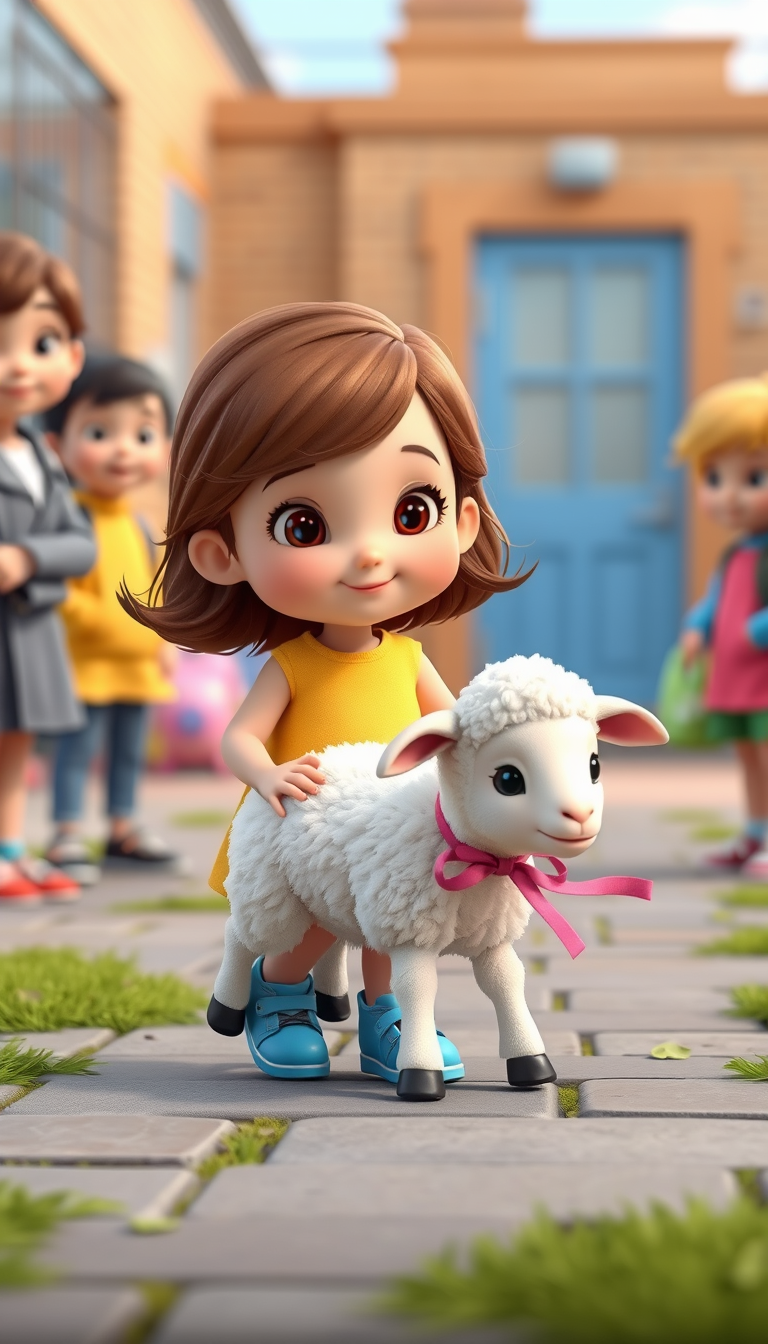 Main art studio: Cute little girl with brown hair, wearing a yellow dress and blue shoes, with a fluffy white lamb with a pink ribbon around its neck, adorable 3D chil
