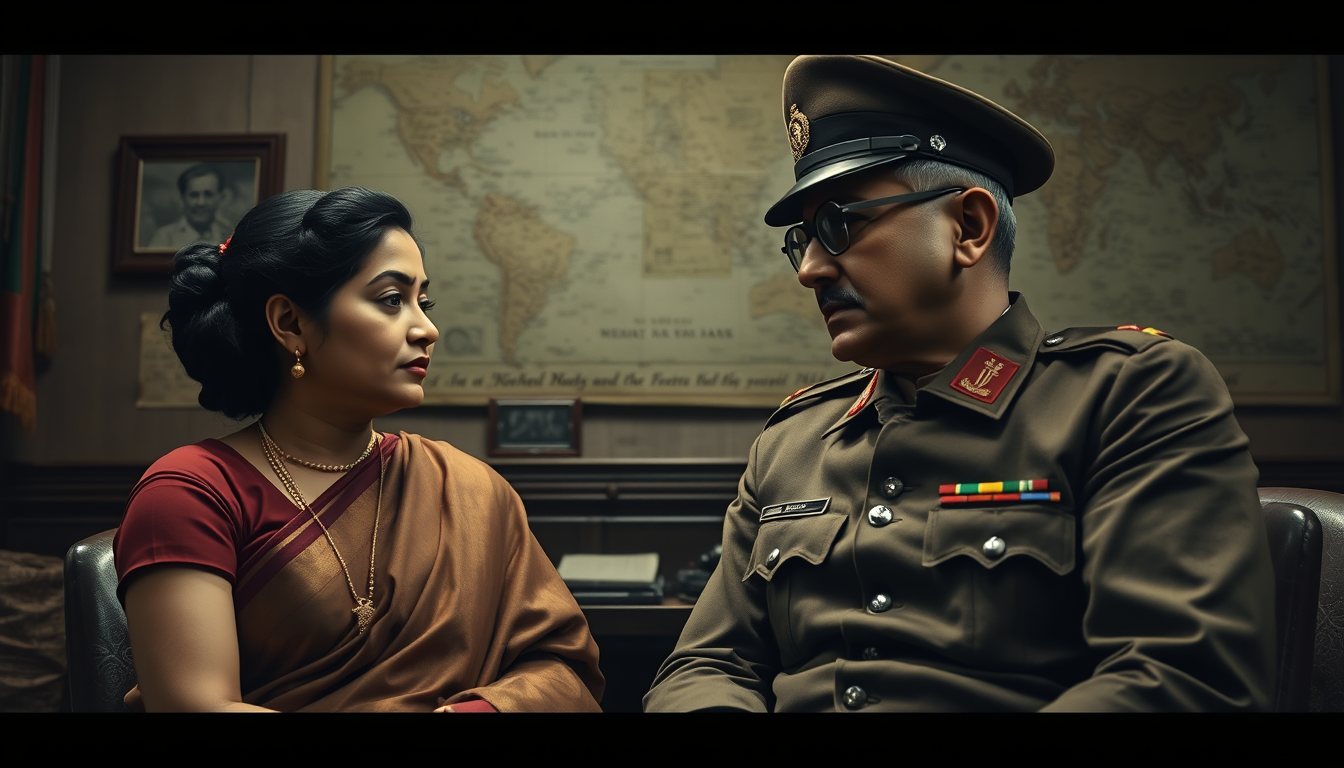 Main art studio: Ultra photorealistic cinematic 4K historical reconstruction of Neera Arya meeting Netaji Subhas Chandra Bose inside a secret wartime headquarters, Nee