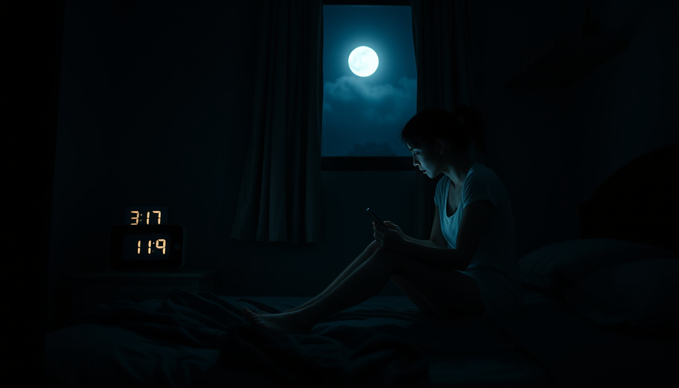 Main art studio: A realistic cinematic horror scene inside a small Filipino bedroom at exactly 3:17 AM. A young adult woman sitting alone on the edge of her bed, looki