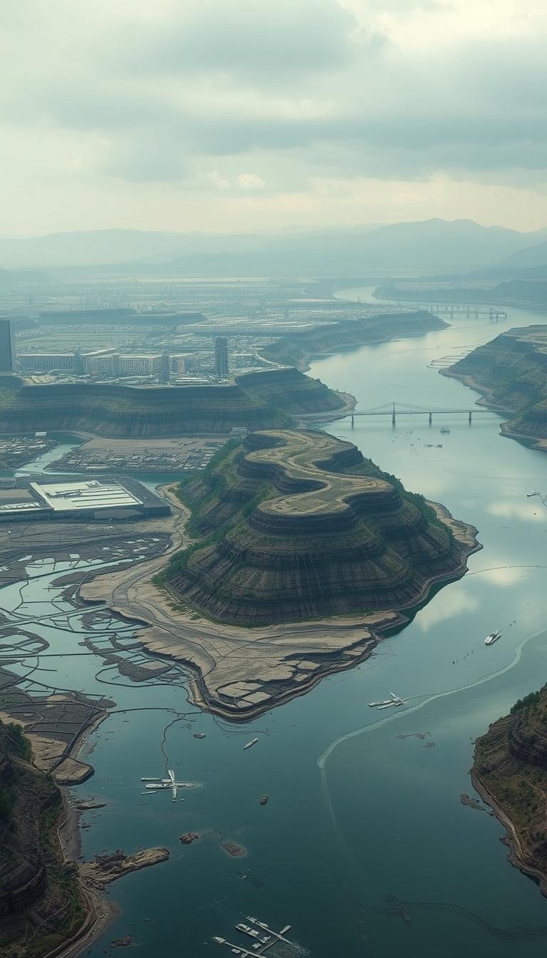 Main art studio: Empty reservoirs and dried-up rivers with abandoned cities nearby, cinematic realism, photorealistic, 9:16