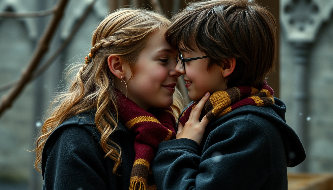 Main art studio: Erstelle ein Bild in dem sich Hermine und Harry potter küssen aber in BH hermine