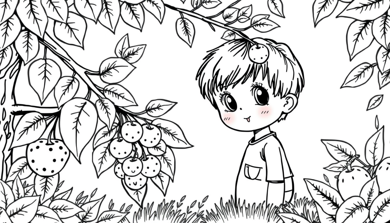 Main art studio: Children's coloring page, A4 portrait, black ink line art on white background, fruit orchard