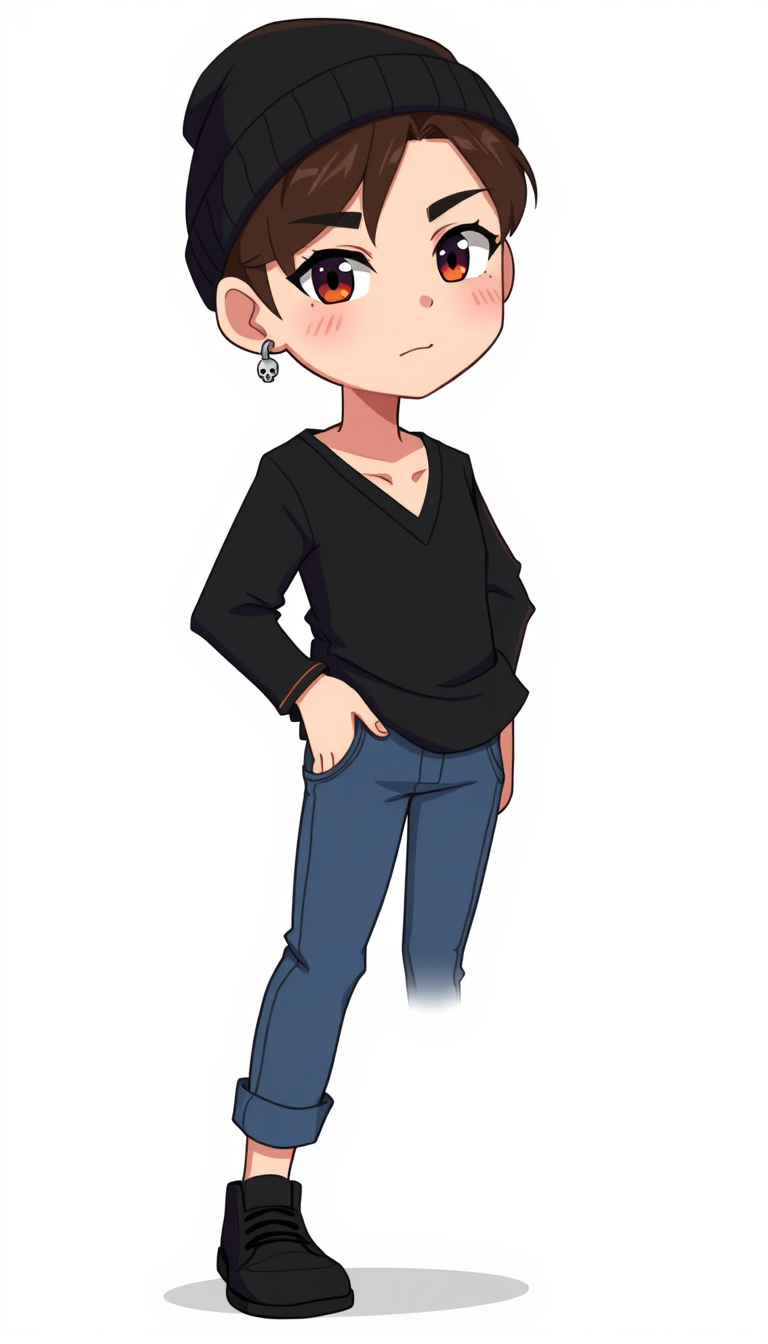 VTuber idea: vtuber avatar character, anime style, expressive face, streaming-ready design, male character, slightly feminine. dark brown hair, black shirt with a