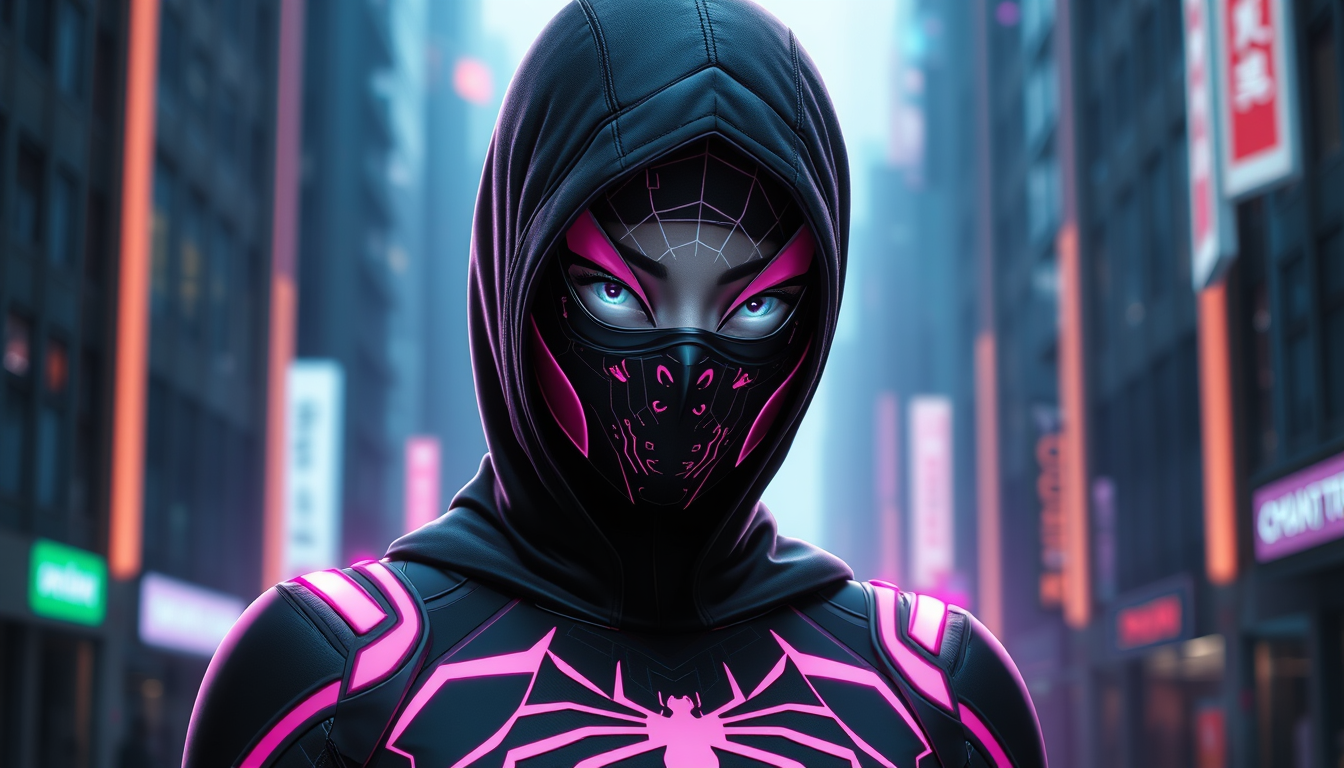 Main art studio: Teenage girl in a sleek, fully covered black hooded suit with a black full face mask it covers her eyes as well and where her eyes are under it is jus