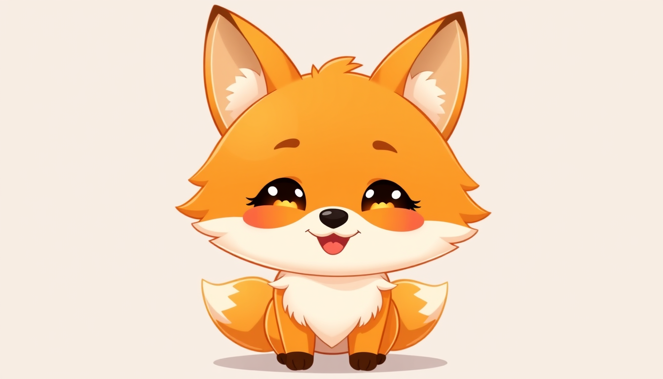 VTuber idea: vtuber avatar character, anime style, expressive face, streaming-ready design, cute chibi anthropomorphic orange fox, big shiny eyes, fluffy fur, whit