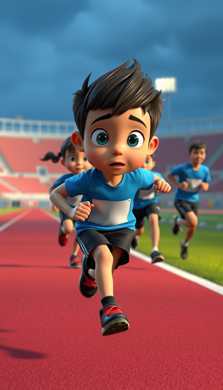 Main art studio: Same boy, bright blue T-shirt, black shorts, black running shoes with red details. He is running toward the finish line with all his strength. Other r