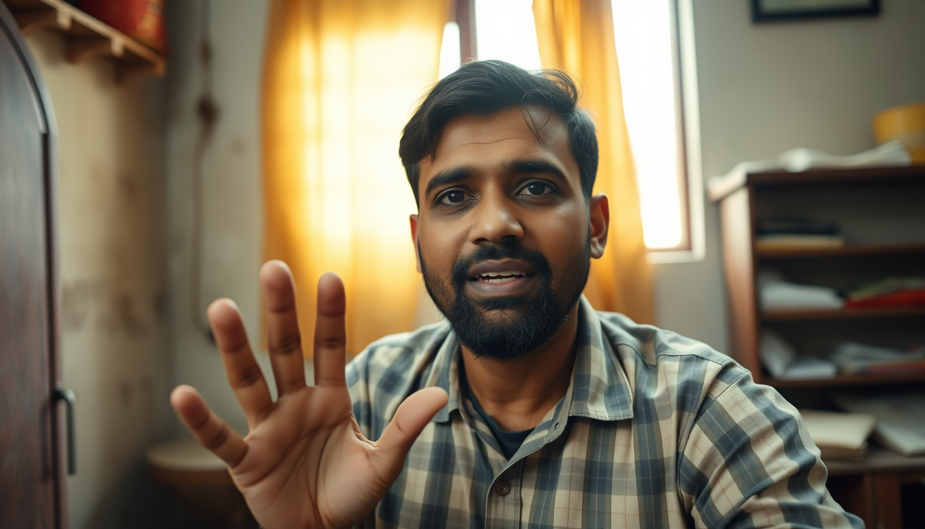 AI Art prompt example created from the prompt: Realistic cinematic documentary photograph of an ordinary Bangladeshi male content creator speaking directly toward the camera in a modest e
