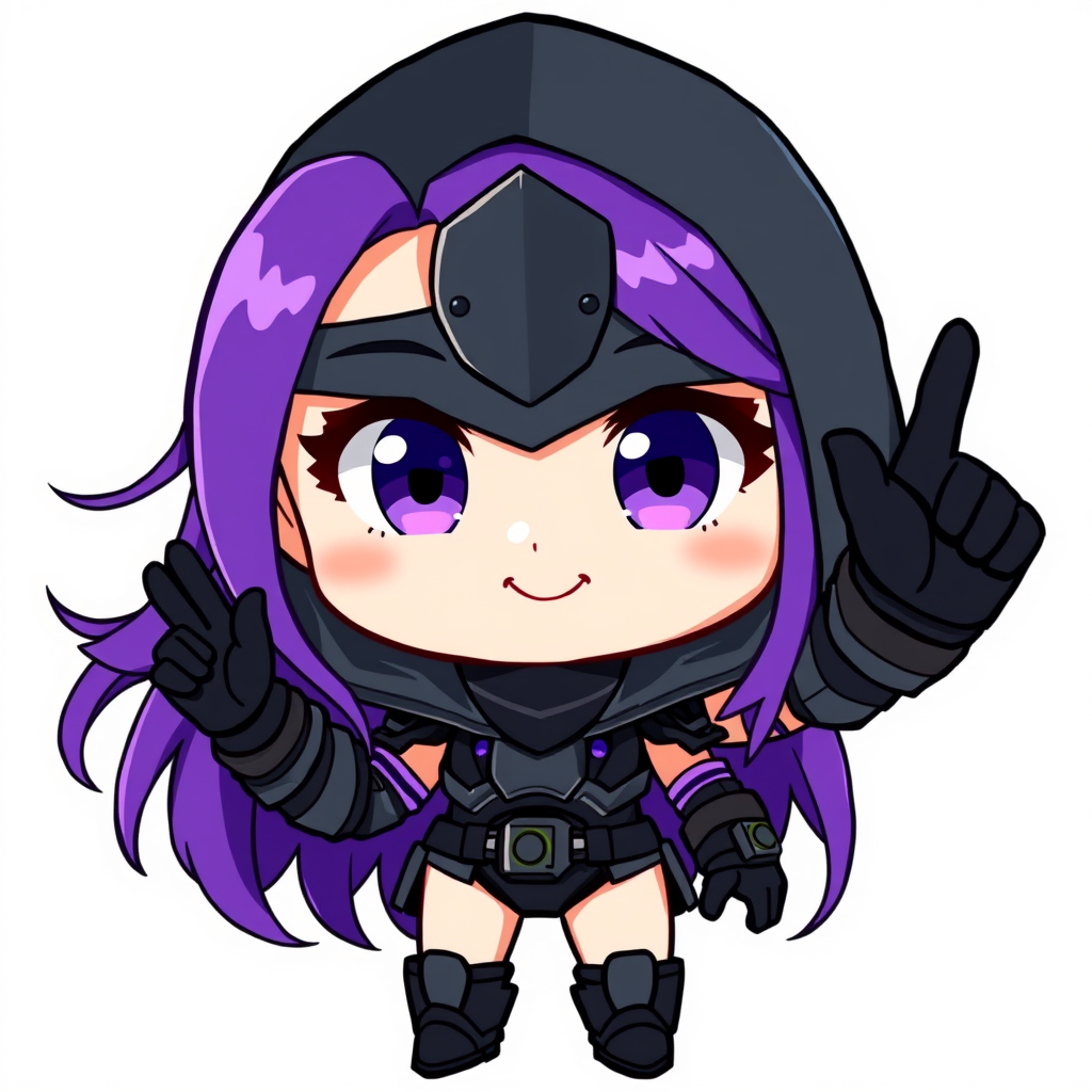 Main art studio: Chibi female cyberpunk warrior, long flowing purple hair with violet highlights, large expressive purple eyes, dark metallic face mask, black/dark gra