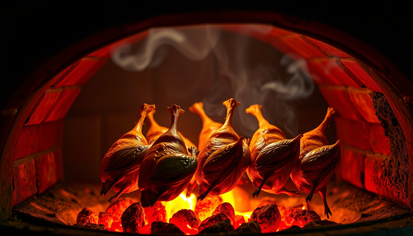 Main art studio: A photorealistic cinematic scene of quails roasting inside a traditional clay tandoor oven. One side of the tandoor is open so the entire cooking proc