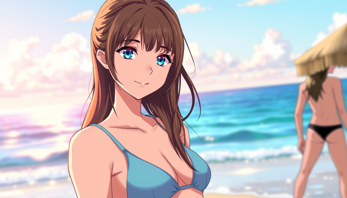 Photo To Anime idea: anime style portrait from the photo, cel shading, vibrant anime colors, expressive eyes, Female college student in a swimsuit at the beach , clean ani