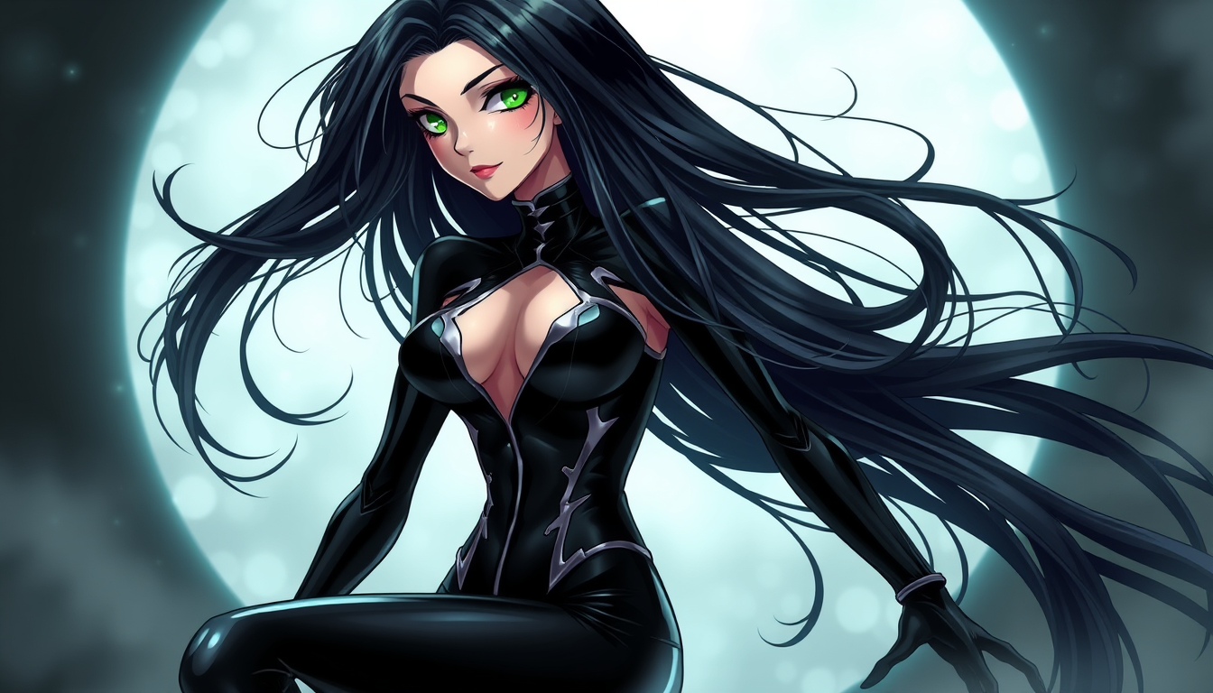 Main art studio: Create an anime style villan women. Long black hair that flows like ink, pale skin, green stiking eyes that almost glow, black silver villain outfit.