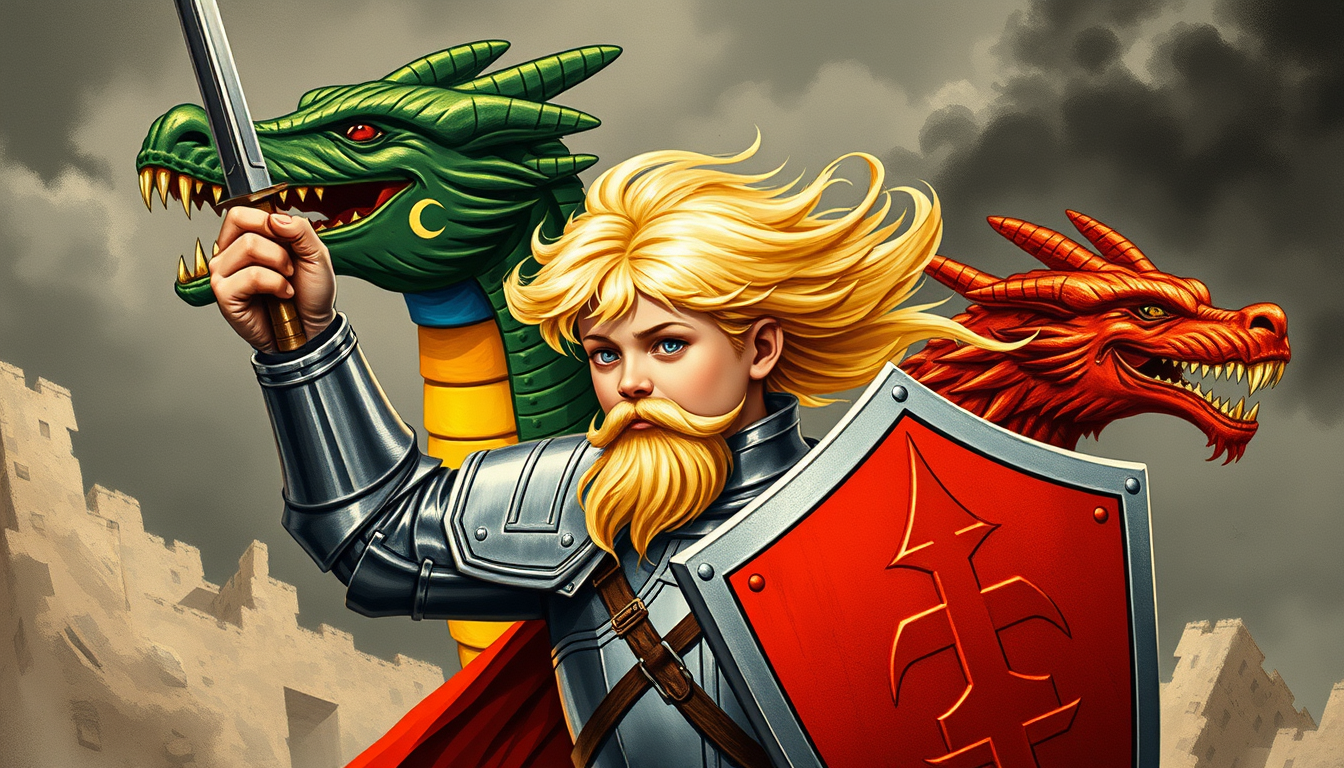 Main art studio: A political oster in the style of weimar republic germany. It shows a blonde boy clad in armor, but without helmet. His blonde hair is waving in the w