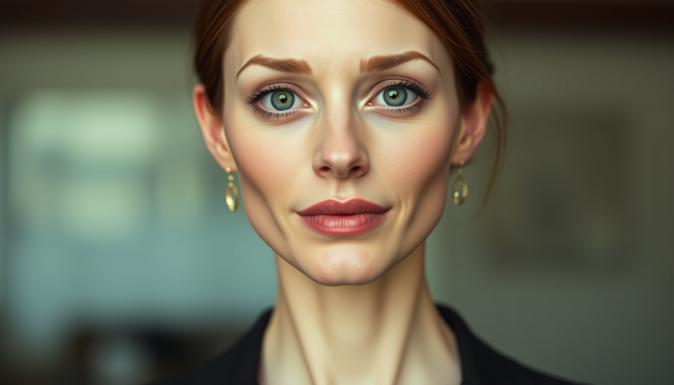 AI Art prompt example created from the prompt: Create an adult woman with an exceptionally thin, narrow frame; extremely pale skin; a distinctly projecting lower jaw and underbite; and a