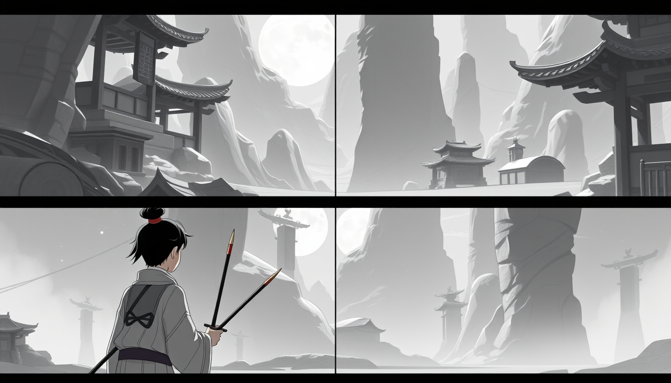 Storyboard idea: storyboard panels, cinematic shot sequence, clear camera angles, grayscale sketch layout, readable scene flow, 9:16 vertical short video, 3D anime sty