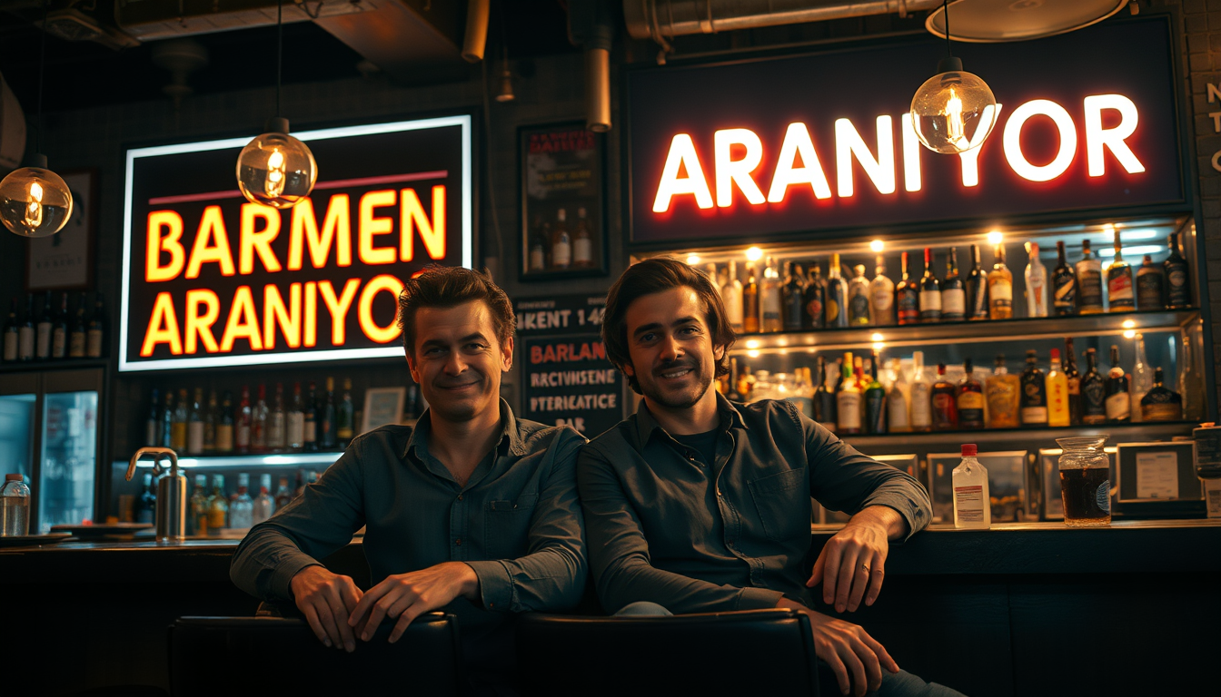 Main art studio: A realistic cinematic night scene inside a stylish but slightly shabby Turkish bar. Two close male friends are sitting side by side at the bar counter