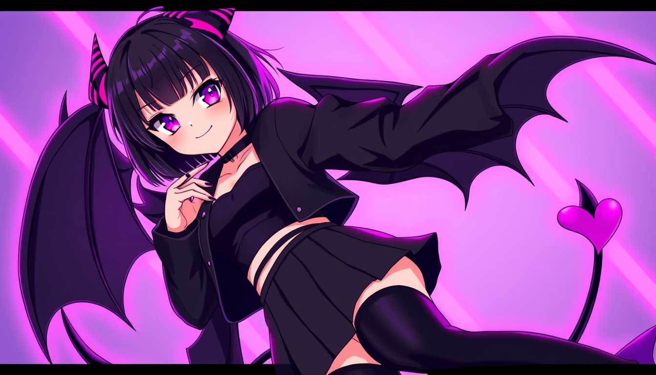 Anime idea: anime style, vibrant colors, expressive eyes, Full body anime demon girl, adult character, short black bob haircut, small black horns with pink tips,