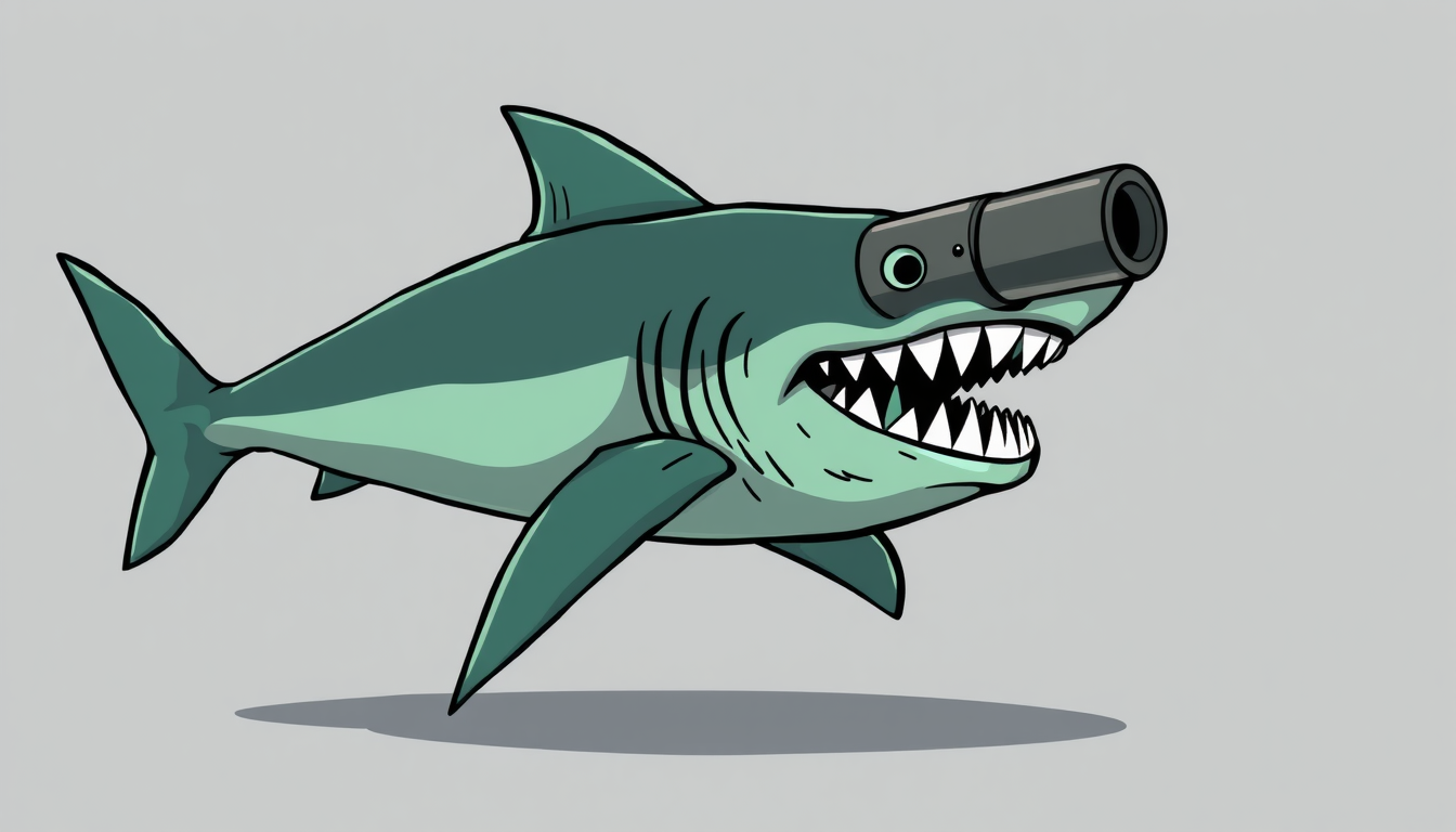 Main art studio: A brainrot-style creature that is a shark and a cannon completely fused into ONE creature. The shark body itself is made with cannon parts. Green and