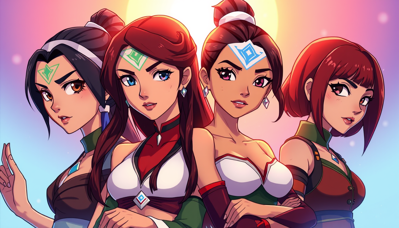 Anime idea: anime style, vibrant colors, expressive eyes, Katara, Ty Lee, Azula, Suki und Toph als erwachsene Frauen im originalen 2D-Avatar-Anime-Stil. Extrem at
