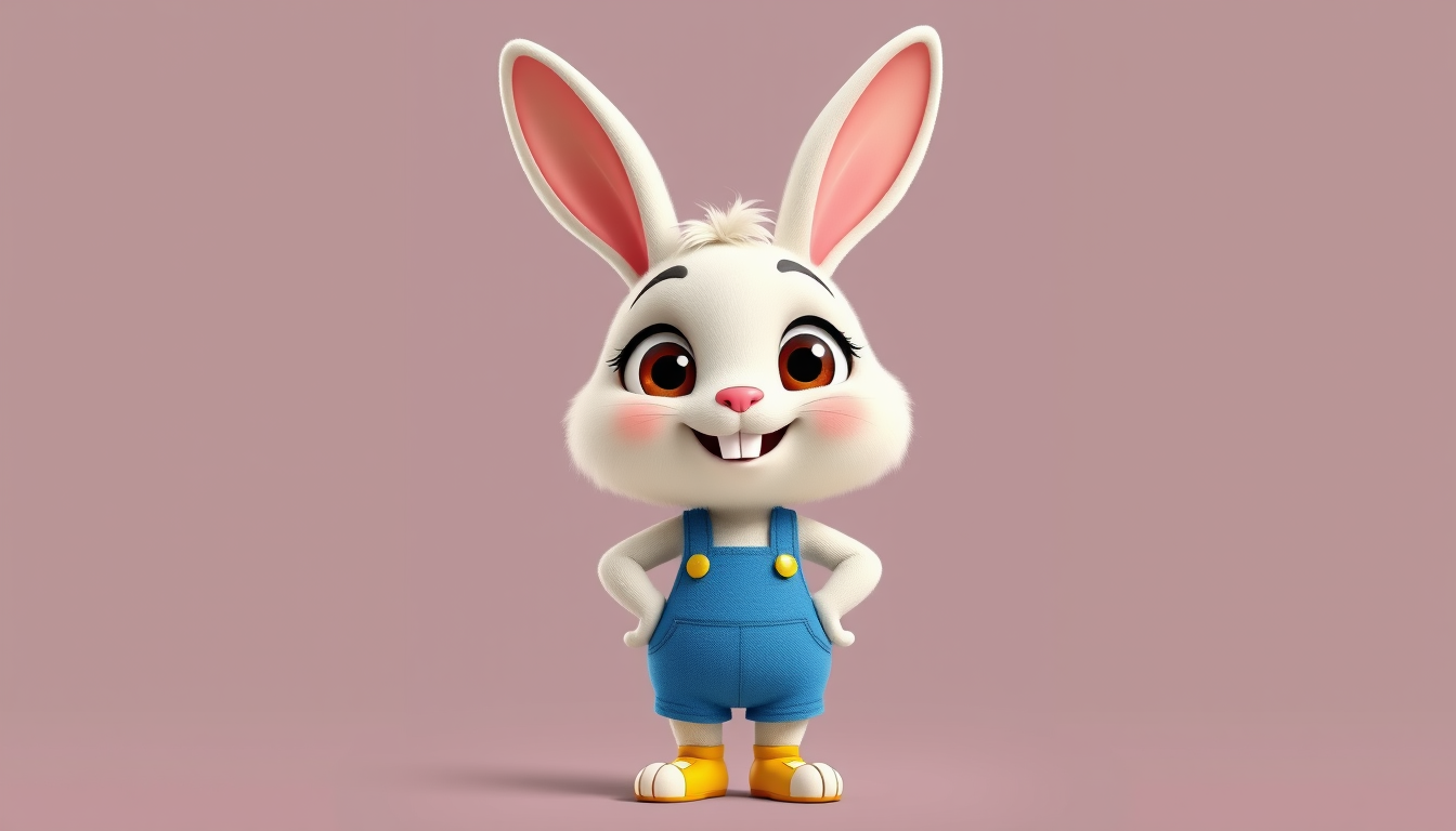 Main art studio: Cute main character bunny named Bobo, hero of a children's cartoon. White soft fluffy fur, big round expressive brown eyes, small pink nose, warm frie