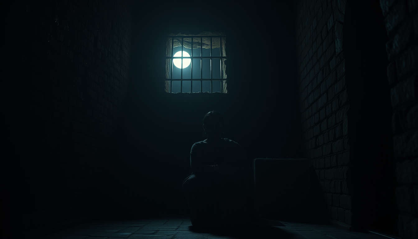 Main art studio: Ultra photorealistic cinematic 4K historical scene, Neera Arya sitting alone in a dim prison cell at night, hands resting on her knees, a small patch 