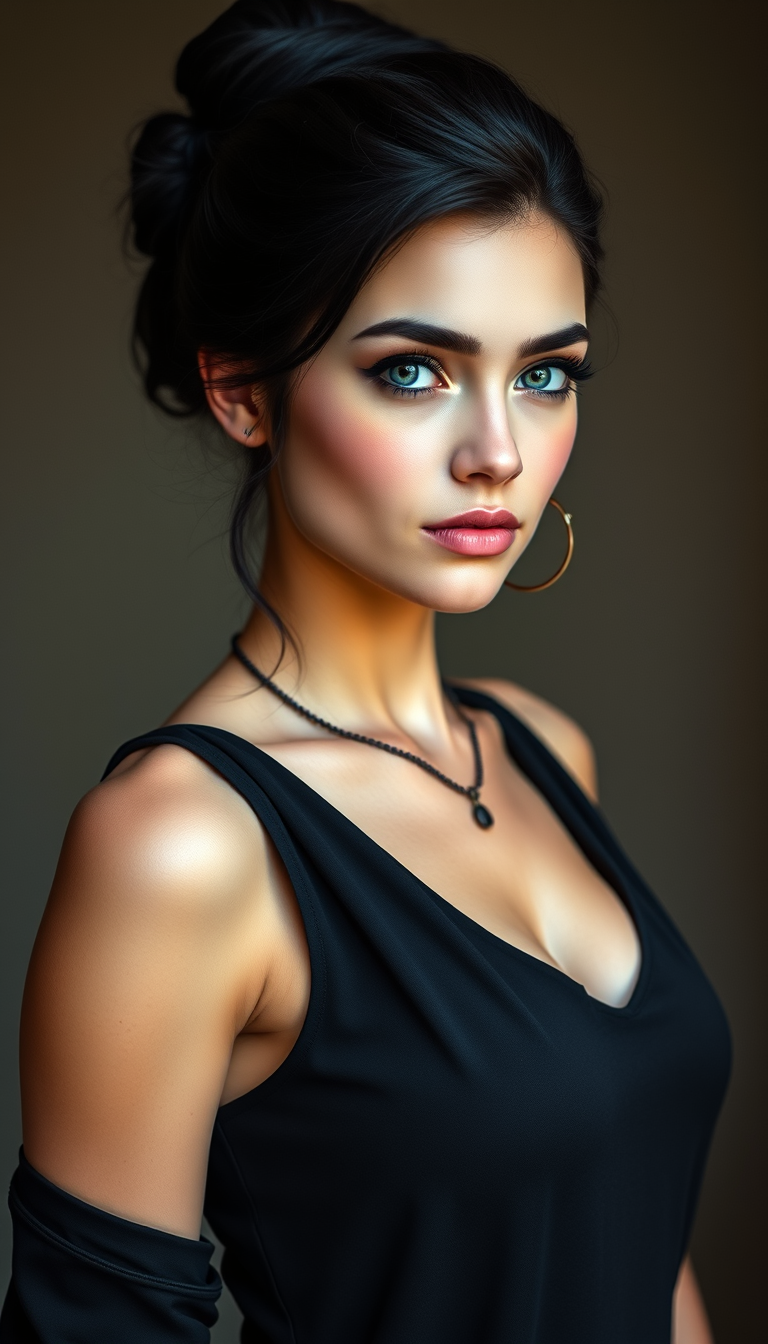 Main art studio: Egyptian white girl. she has blue eyes, and raven black hair in a bun. she is wearing a black nose ring. make her look realistic, and curvy. also gene