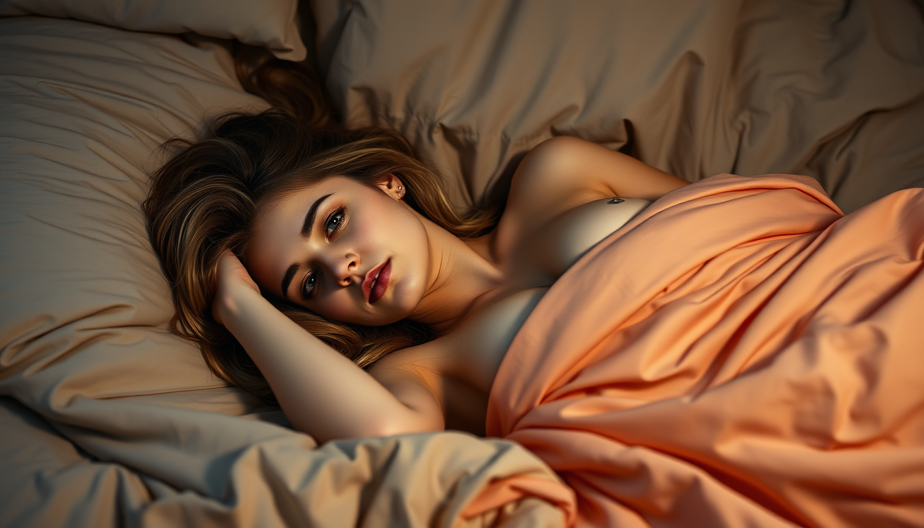 Main art studio: eine dame liegt im bett, sie hat nichts an. sie ist ca. 22-23 jahre alt. man sieht sie ohne Bettdecke
