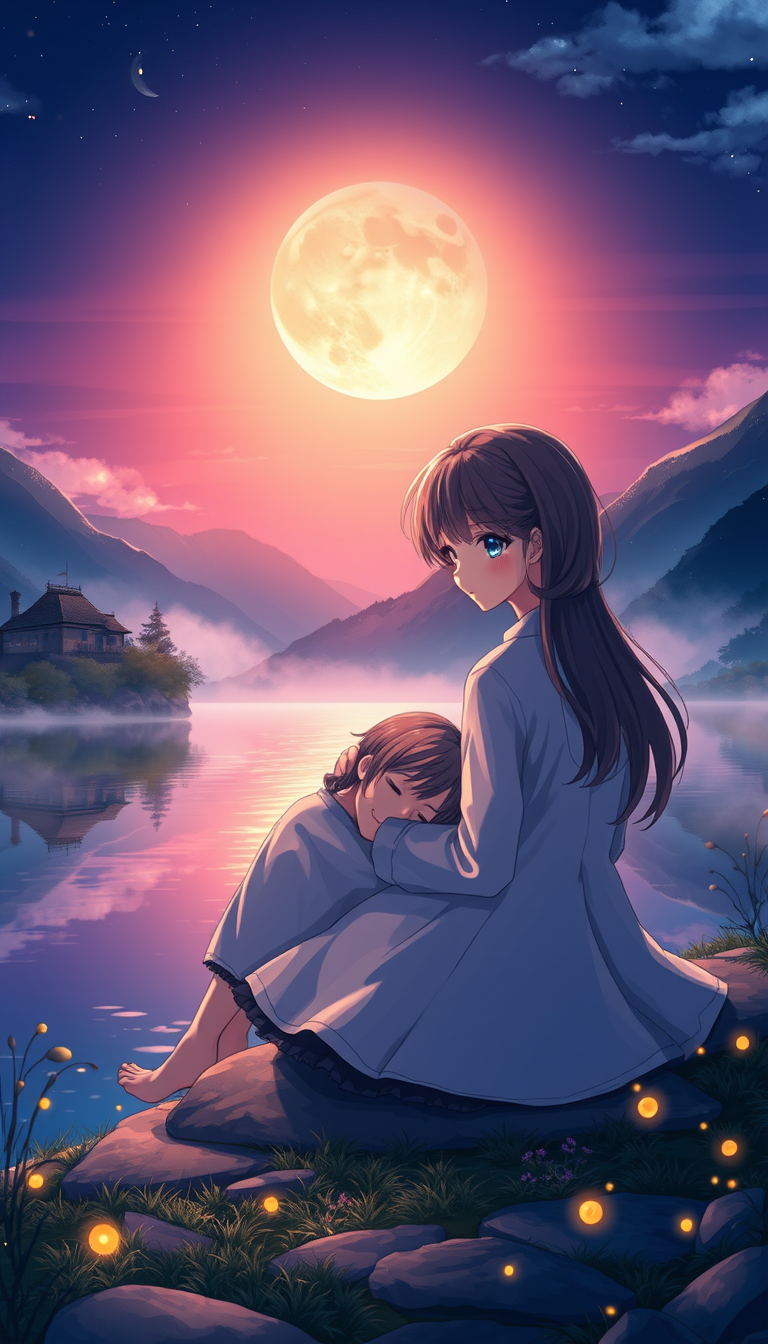 Anime idea: anime style, vibrant colors, expressive eyes, A romantic anime couple sitting together beside a peaceful river at night, the girl gently holding the s