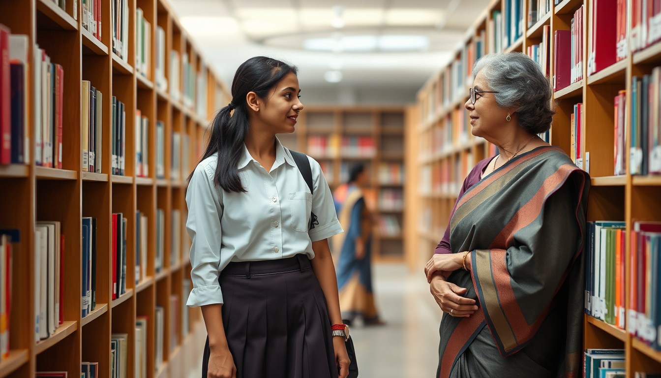 Main art studio: Landscape photorealistic Indian school brochure photo: 18-year-old female student in neat modest shirt skirt school uniform and elegant female teacher