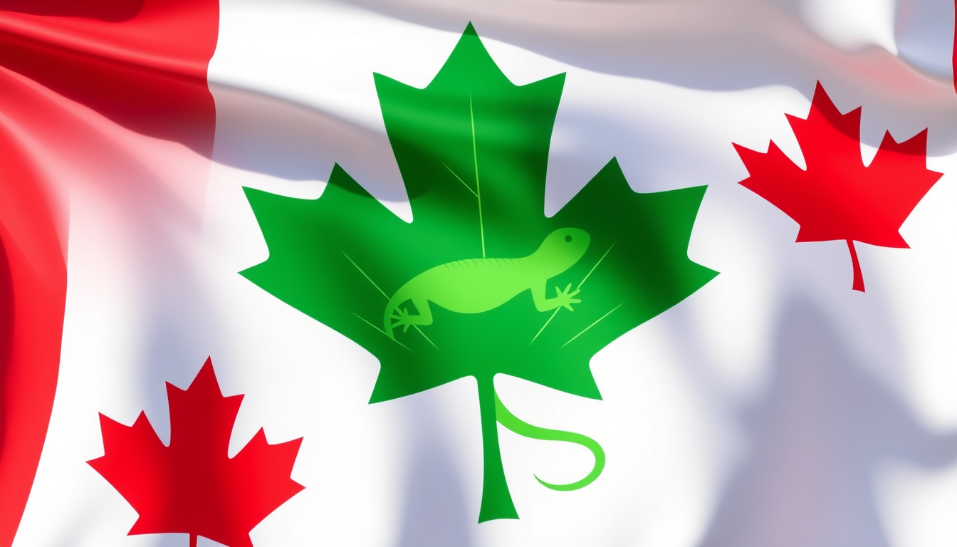 AI Art prompt example created from the prompt: a canada like flag but green wiwth a lizard in the middle no canada leaf and the thing is green